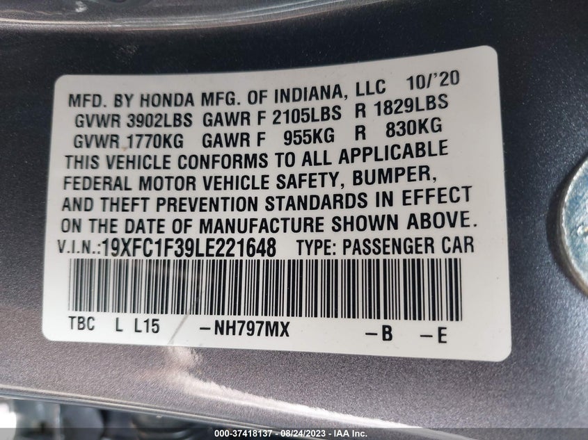 VIN 19XFC1F39LE221648 2020 HONDA CIVIC SEDAN EX