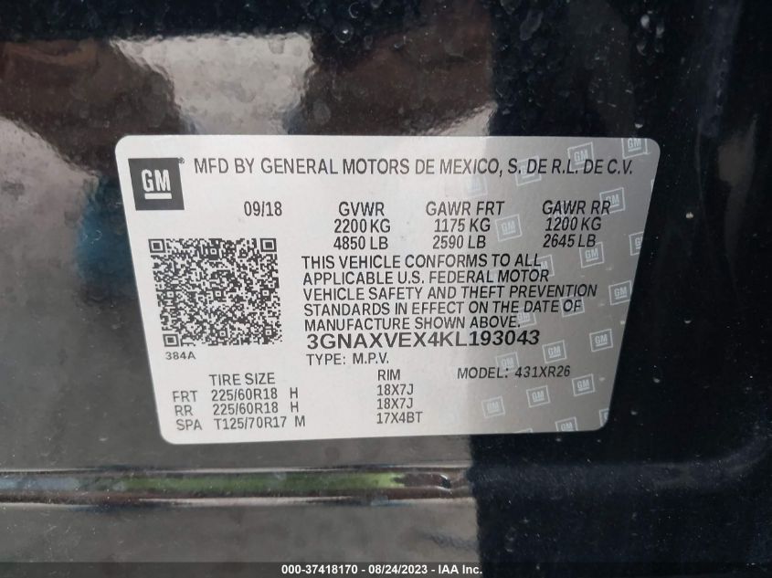 2019 CHEVROLET EQUINOX LT - 3GNAXVEX4KL193043