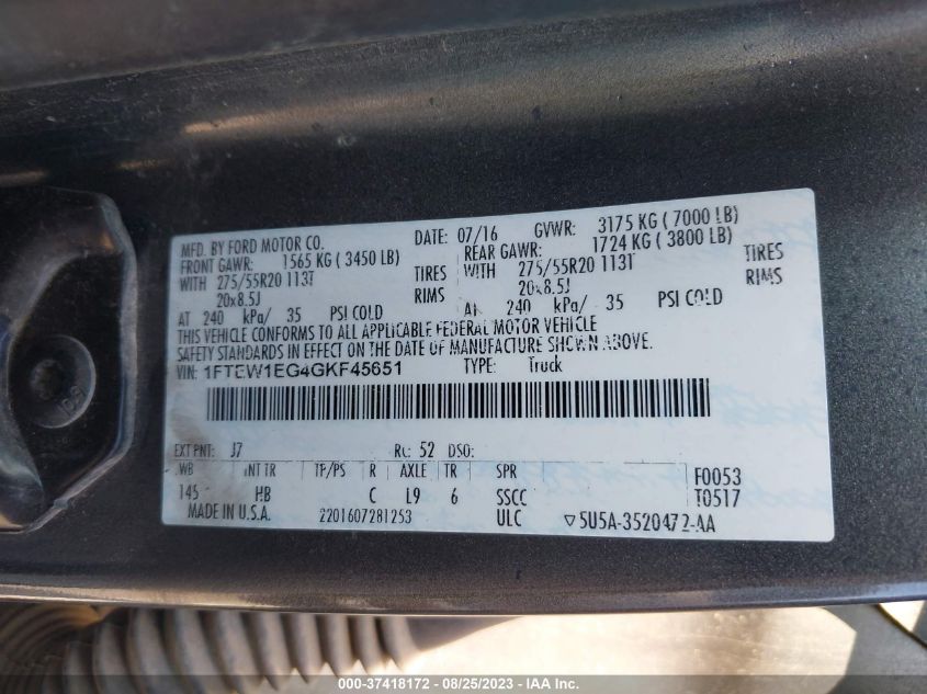 2016 FORD F-150 XLT/XL/LARIAT/PLATINUM - 1FTEW1EG4GKF45651