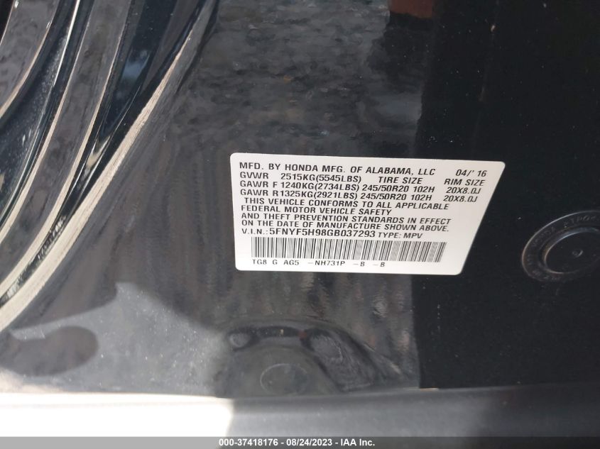 2016 HONDA PILOT TOURING - 5FNYF5H98GB037293