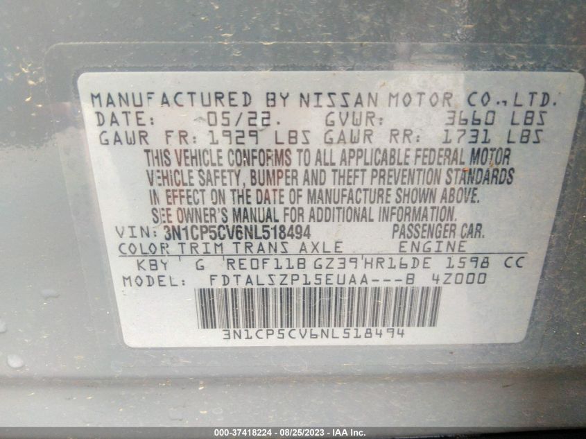 2022 NISSAN KICKS SV - 3N1CP5CV6NL518494