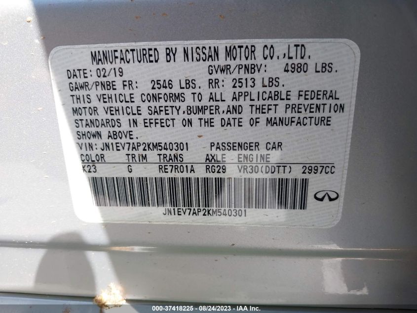 2019 INFINITI Q50 3.0T LUXE - JN1EV7AP2KM540301