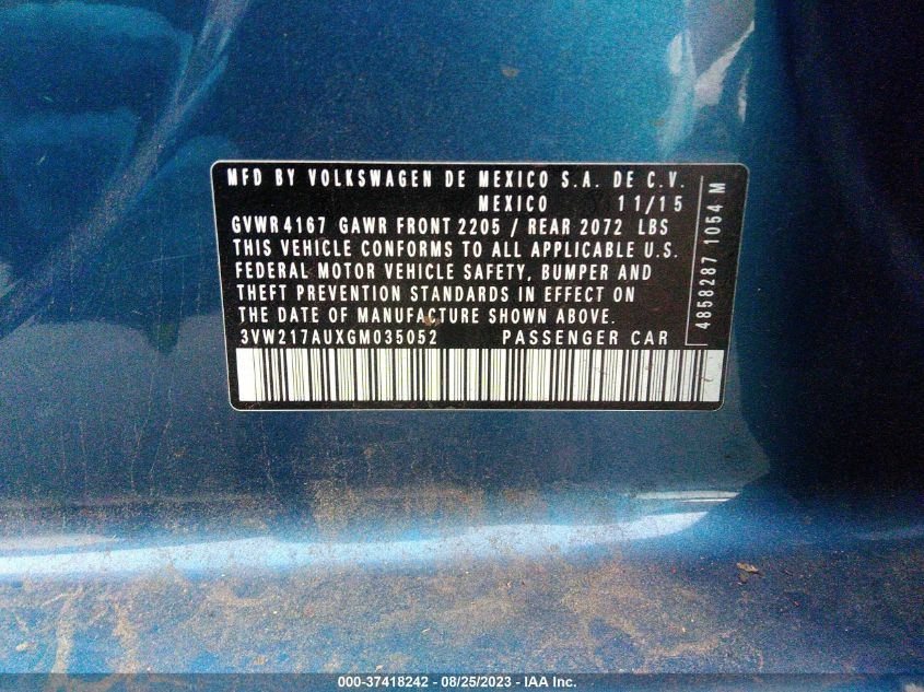 2016 VOLKSWAGEN GOLF TSI S W/SUNROOF - 3VW217AUXGM035052