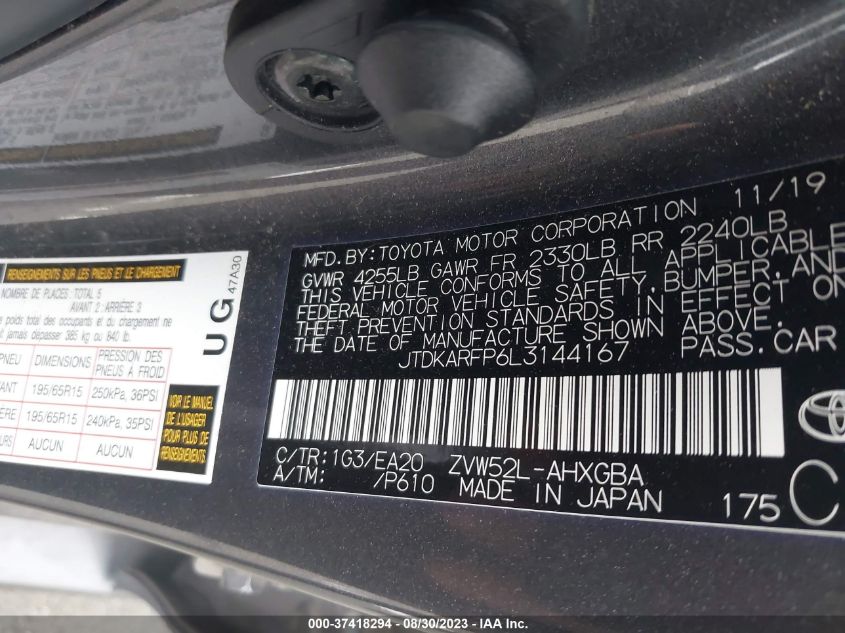 2020 TOYOTA PRIUS PRIME LE/XLE/LIMITED - JTDKARFP6L3144167