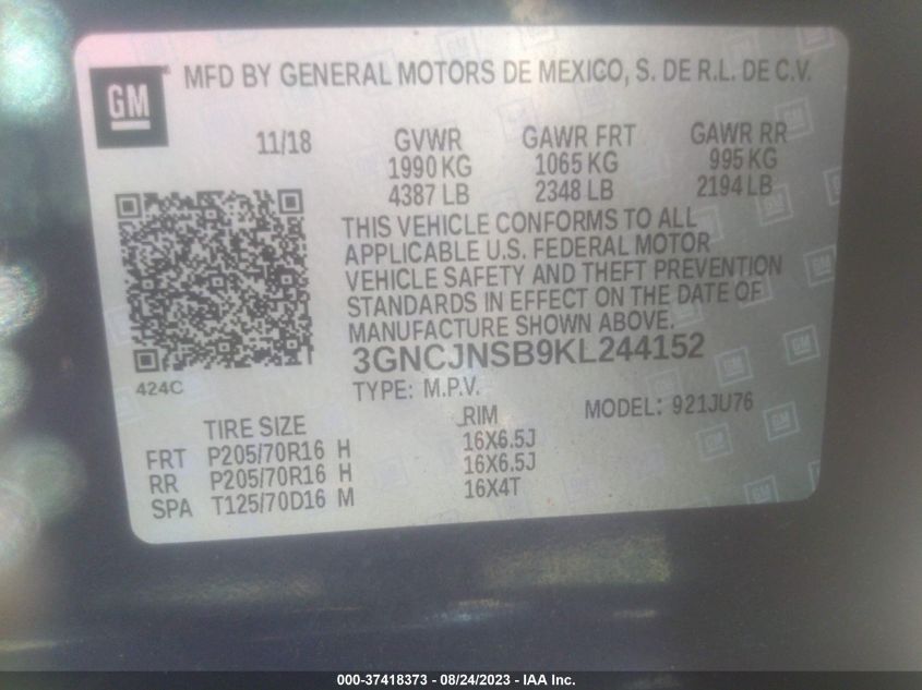 2019 CHEVROLET TRAX LS - 3GNCJNSB9KL244152