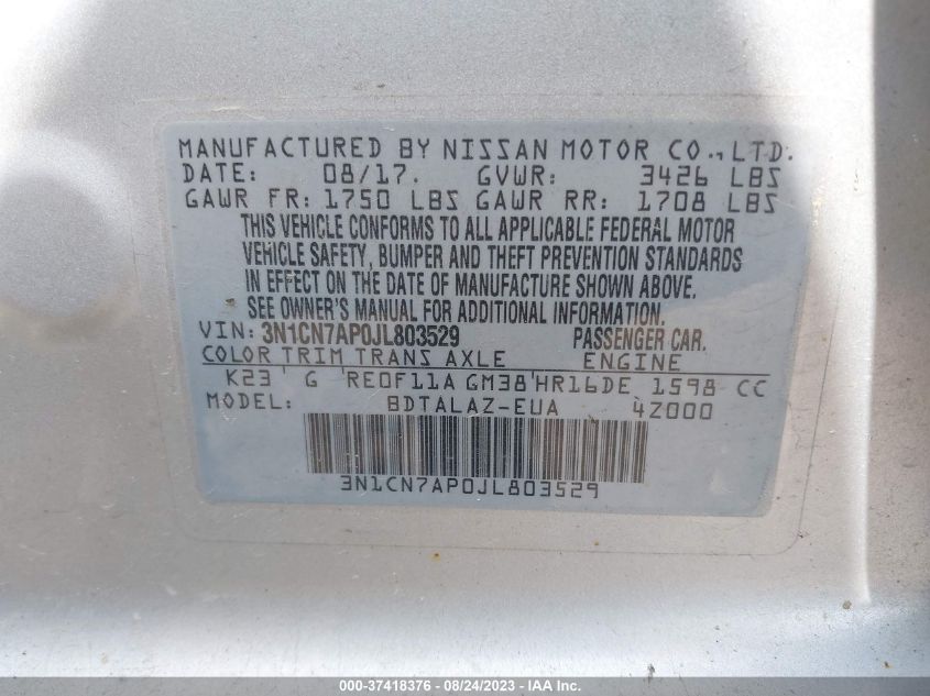 2018 NISSAN VERSA SEDAN S PLUS - 3N1CN7AP0JL803529