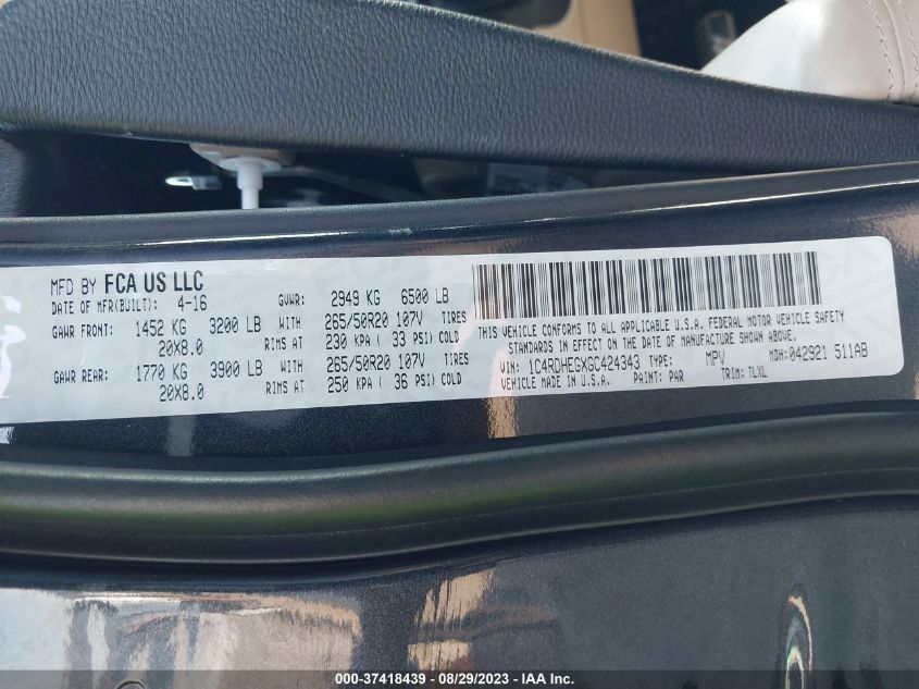 2016 DODGE DURANGO CITADEL - 1C4RDHEGXGC424343