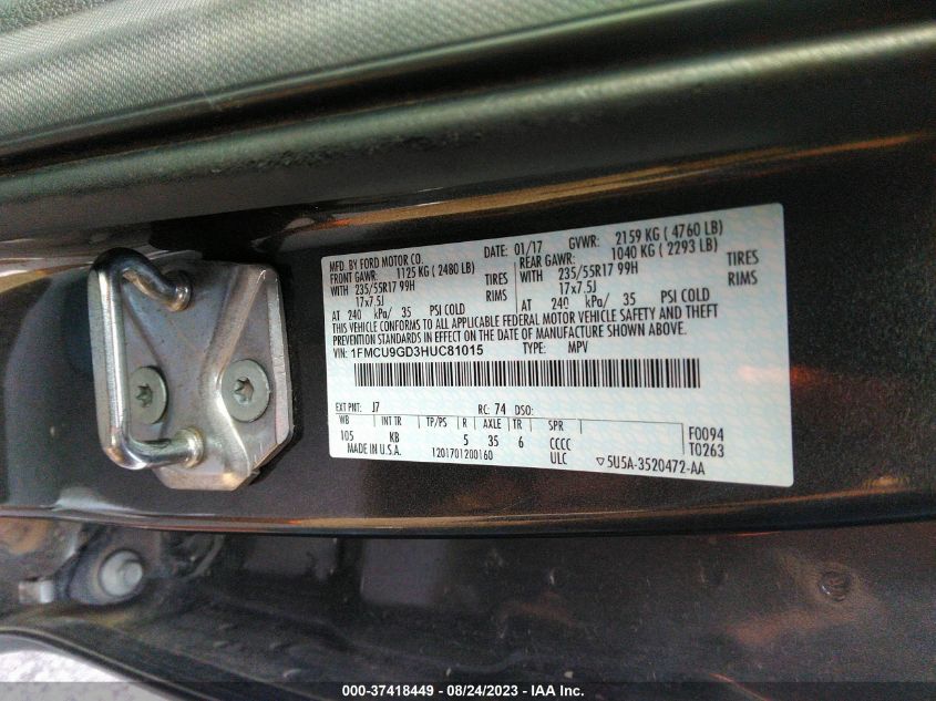 VIN 1FMCU9GD3HUC81015 2017 FORD ESCAPE SE