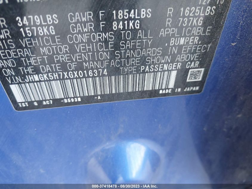 2016 HONDA FIT EX/EXL - JHMGK5H7XGX016374