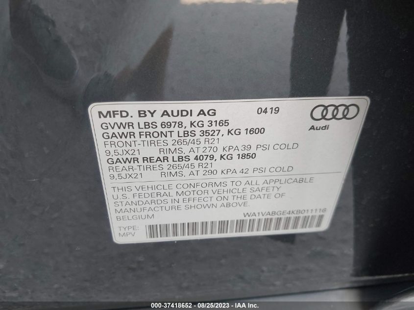 WA1VABGE4KB011116 Audi E-Tron PRESTIGE 9