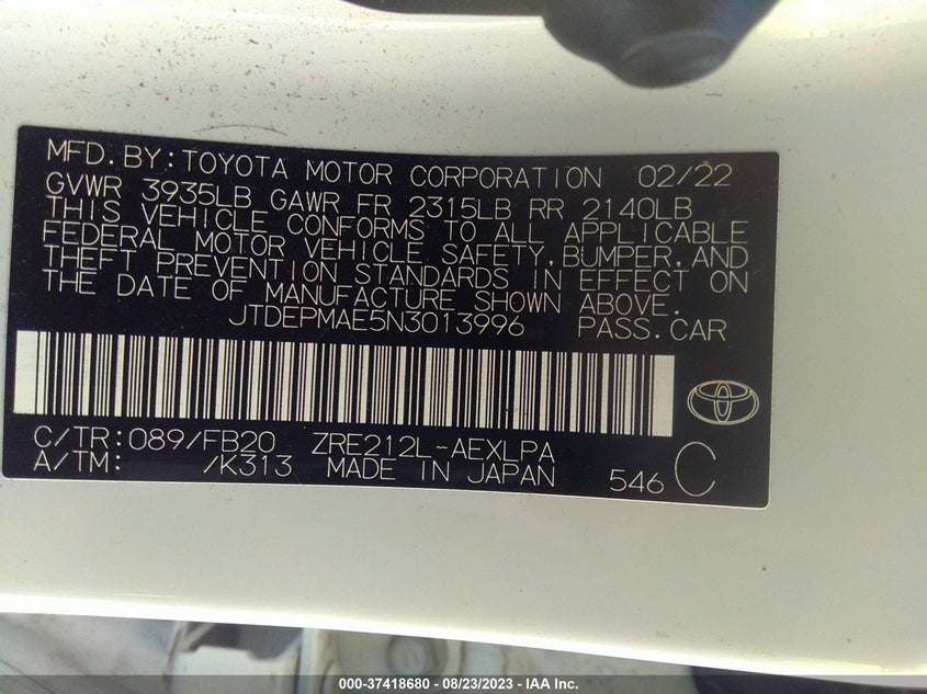 VIN JTDEPMAE5N3013996 2022 TOYOTA COROLLA LE