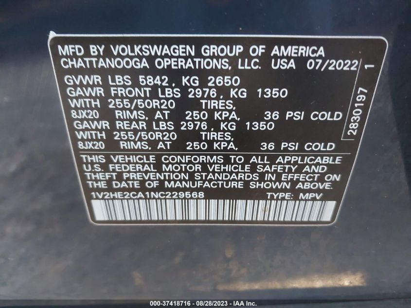 2022 VOLKSWAGEN ATLAS CROSS SPORT 3.6L V6 SE W/TECHNOLOGY - 1V2HE2CA1NC229568