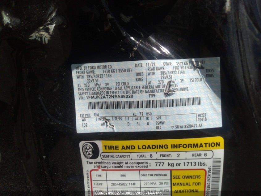 VIN 1FMJK2AT2NEA68020 2022 FORD EXPEDITION MAX LIMITED