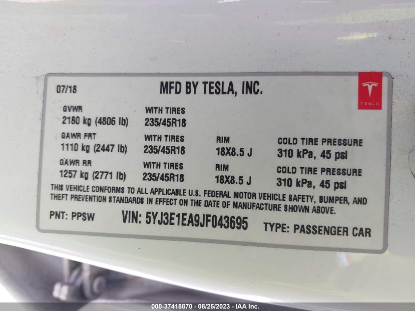2018 TESLA MODEL 3 RANGE BATTERY - 5YJ3E1EA9JF043695