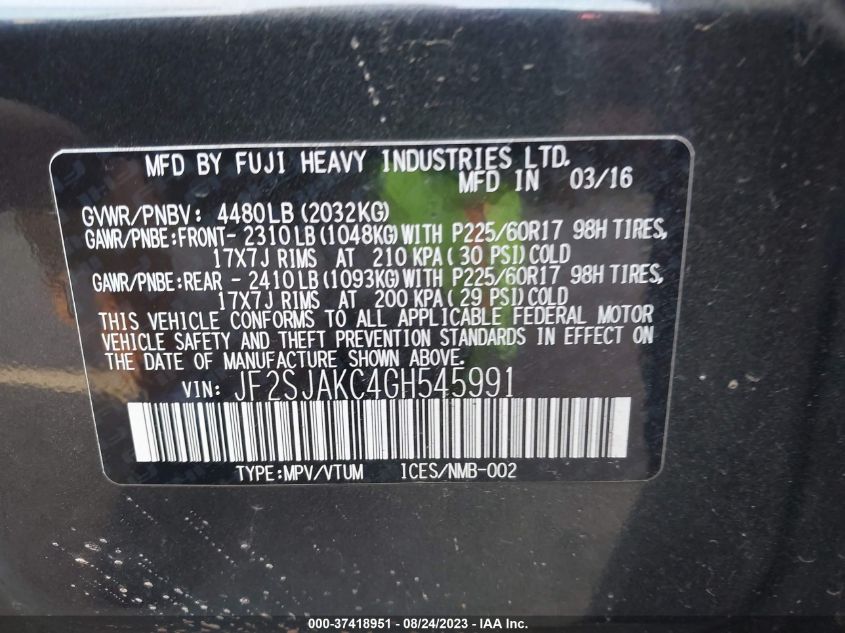 2016 SUBARU FORESTER 2.5I LIMITED - JF2SJAKC4GH545991