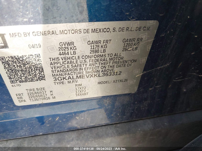 VIN 3GKALMEVXKL363312 2019 GMC TERRAIN SLE