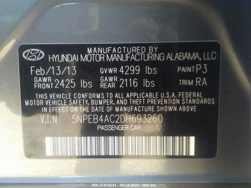 2013 HYUNDAI SONATA GLS PZEV - 5NPEB4AC2DH693260