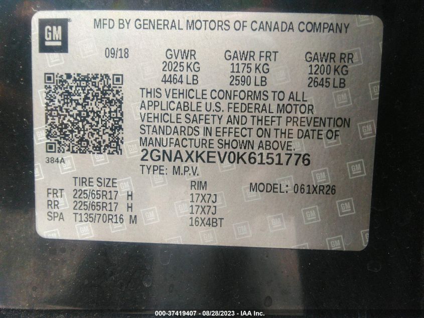 2019 CHEVROLET EQUINOX LT - 2GNAXKEV0K6151776