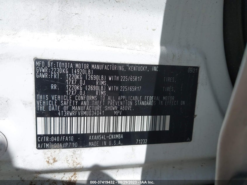 VIN 4T3RWRFV8MU034041 2021 TOYOTA RAV4 XLE