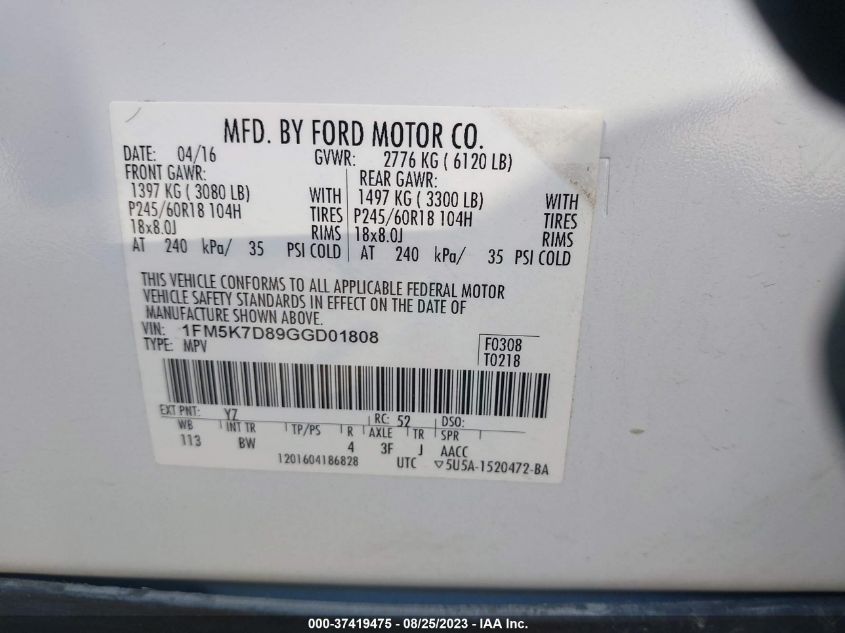 2016 FORD EXPLORER XLT - 1FM5K7D89GGD01808
