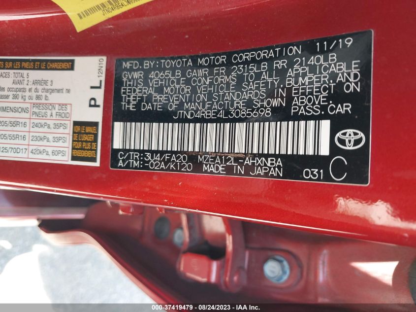 2020 TOYOTA COROLLA HATCHBACK SE JTND4RBE4L3085698