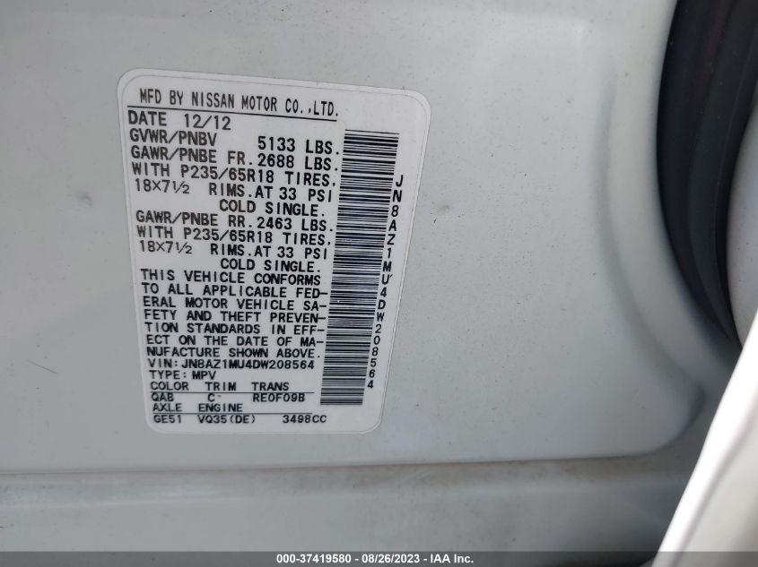 2013 NISSAN MURANO S/SL/LE - JN8AZ1MU4DW208564