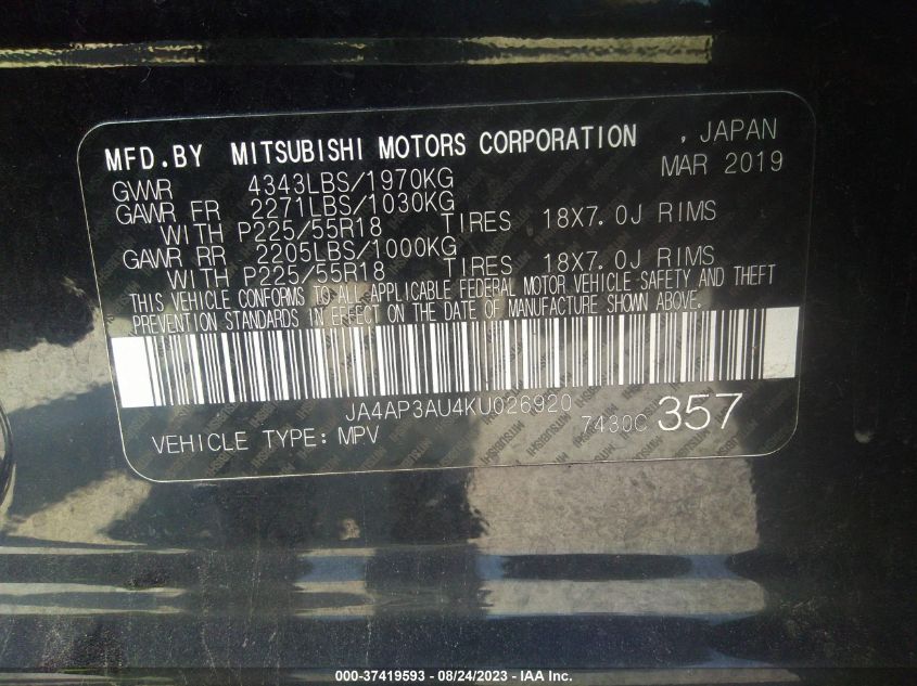 2019 MITSUBISHI OUTLANDER SPORT 2.0 - JA4AP3AU4KU026920