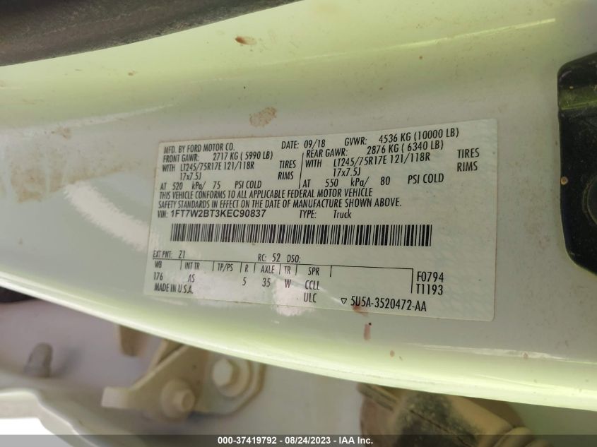2019 FORD SUPER DUTY F-250 SRW XL/XLT/LARIAT - 1FT7W2BT3KEC90837