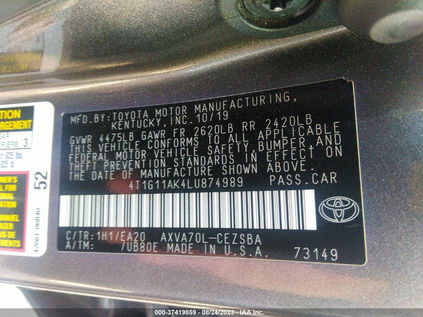 2020 TOYOTA CAMRY SE - 4T1G11AK4LU874989
