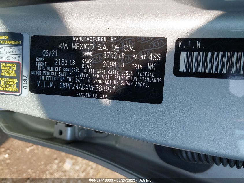 2021 KIA FORTE LXS - 3KPF24ADXME388011
