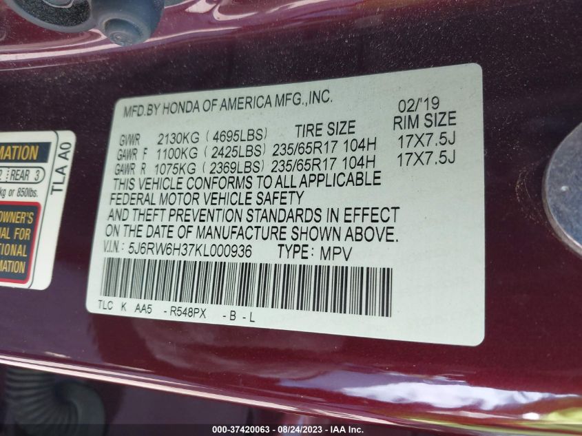 2019 HONDA CR-V LX - 5J6RW6H37KL000936
