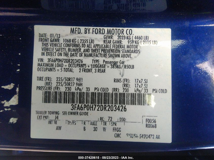 2013 FORD FUSION SE - 3FA6P0H72DR203426