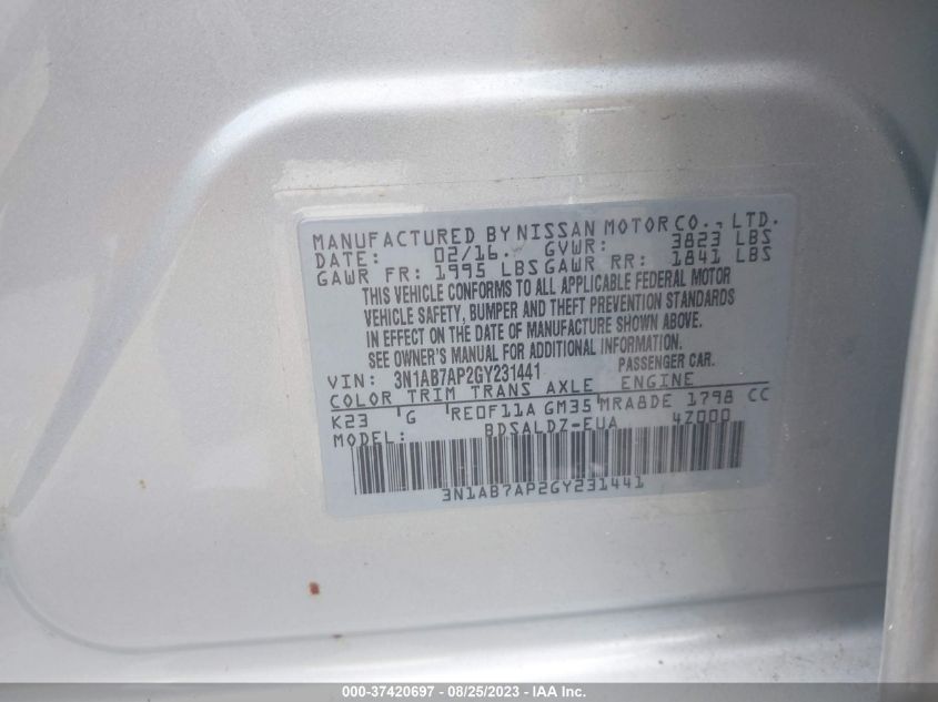 2016 NISSAN SENTRA SR/SL/S/SV/FE+ S - 3N1AB7AP2GY231441