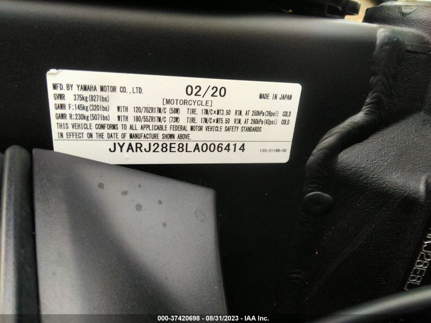 2020 YAMAHA YZFR6 JYARJ28E8LA006414