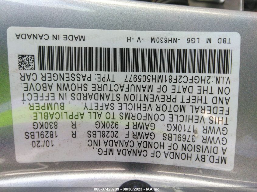 2021 HONDA CIVIC SEDAN SPORT - 2HGFC2F81MH505977