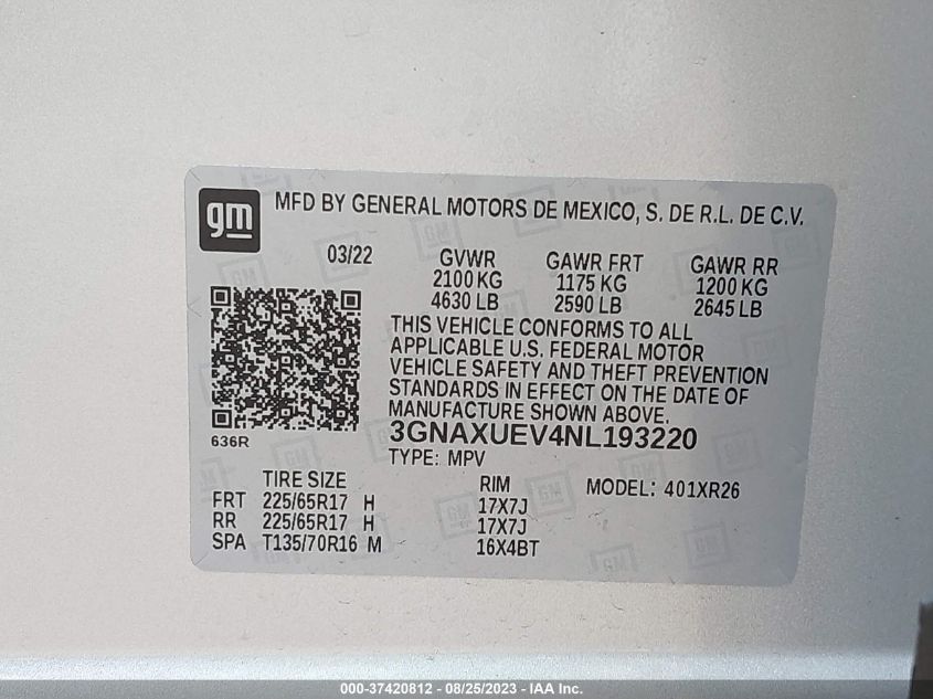 2022 CHEVROLET EQUINOX LT - 3GNAXUEV4NL193220