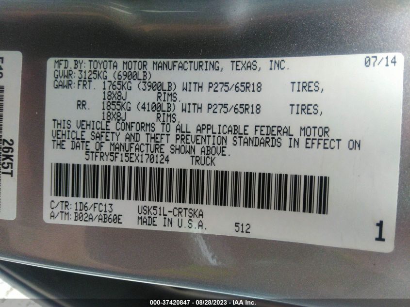 2014 TOYOTA TUNDRA 2WD TRUCK SR/SR5 5TFRY5F15EX170124