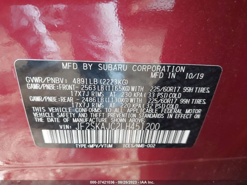 2020 SUBARU FORESTER PREMIUM - JF2SKAJC2LH451200