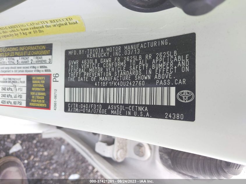 2013 TOYOTA CAMRY L/LE/SE/XLE - 4T1BF1FK4DU242760