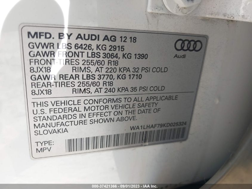 WA1LHAF79KD025324 Audi Q7 PREMIUM PLUS 9