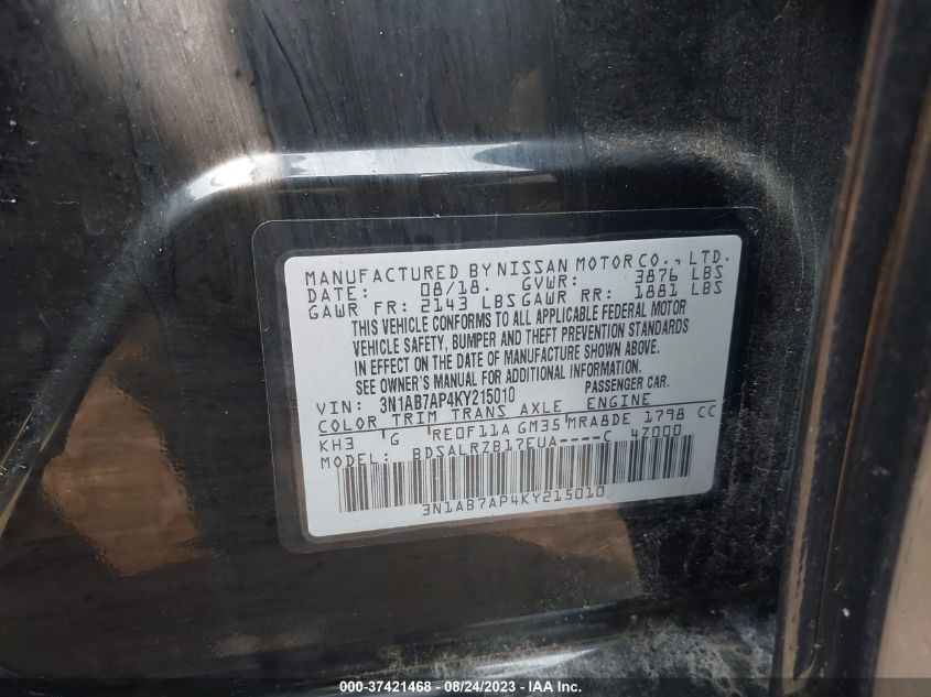 2019 NISSAN SENTRA SR - 3N1AB7AP4KY215010