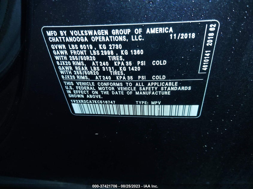VIN 1V2XR2CA7KC516747 2019 VOLKSWAGEN ATLAS SE