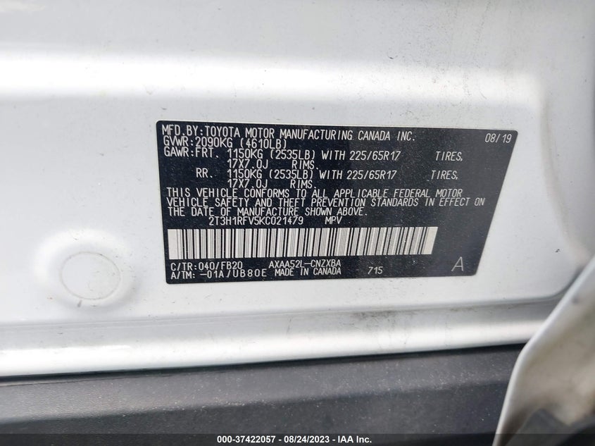 VIN 2T3H1RFV5KC021479 2019 TOYOTA RAV4 LE