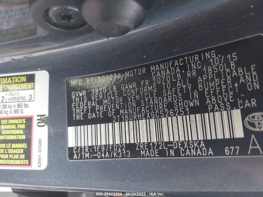 2016 TOYOTA COROLLA L/LE/LE PLS/PRM/S/S PLS - 2T1BURHEXGC526251