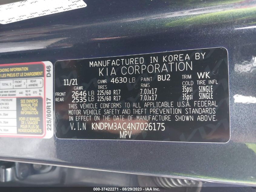 2022 KIA SPORTAGE LX - KNDPM3AC4N7026175