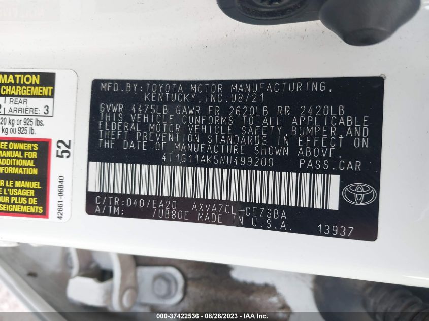 2022 TOYOTA CAMRY SE - 4T1G11AK5NU499200