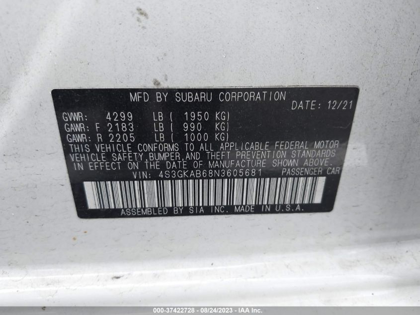 VIN 4S3GKAB68N3605681 2022 SUBARU IMPREZA