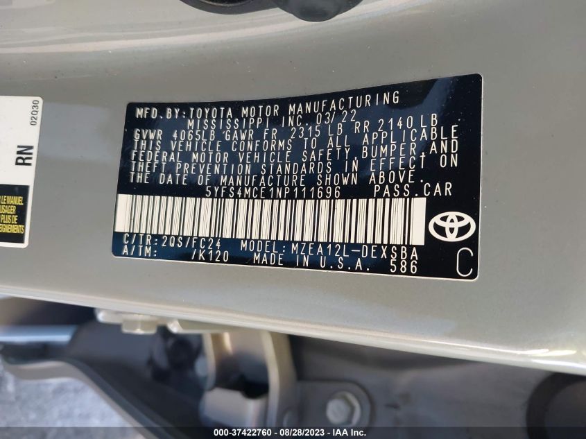 2022 TOYOTA COROLLA SE - 5YFS4MCE1NP111696