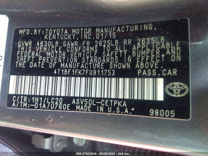 2015 TOYOTA CAMRY XLE/SE/LE/XSE - 4T1BF1FK7FU911753