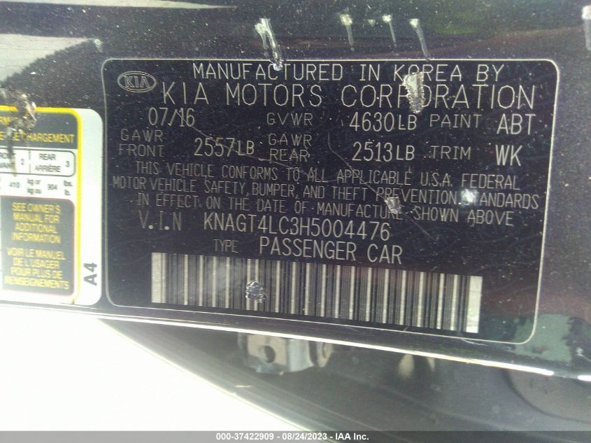 2017 KIA OPTIMA HYBRID BASE - KNAGT4LC3H5004476